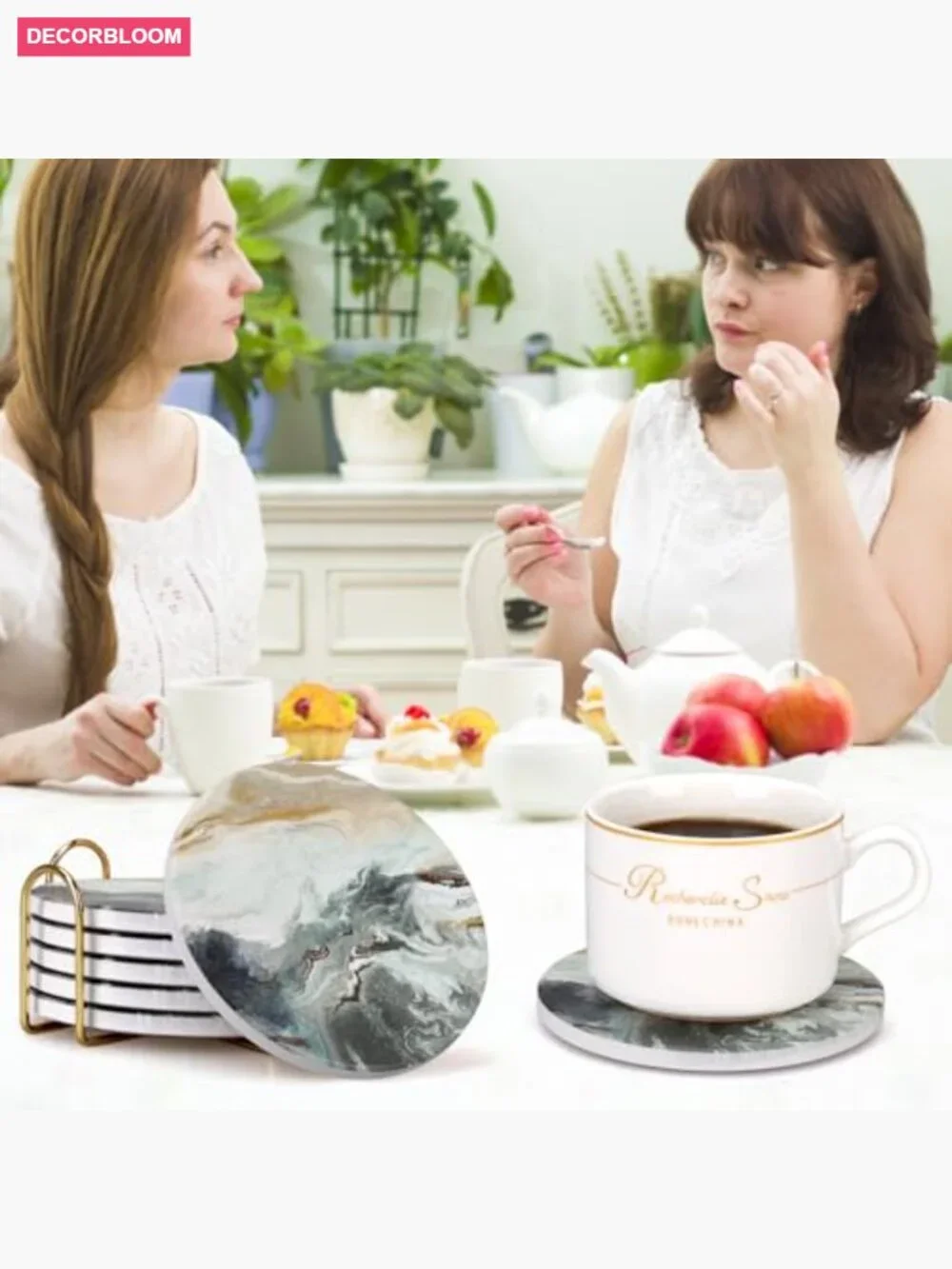 Set of 6 Absorbent Ceramic Coasters with Metal Holder for Drinks